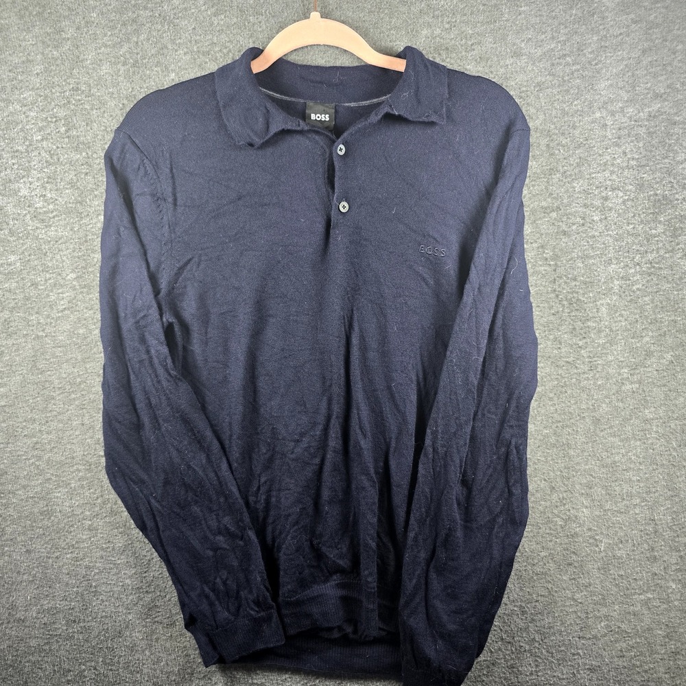 Hugo Boss Knit Polo‎ Sweater Men L Virgin Wool Navy Blue 100% Wool 50298478